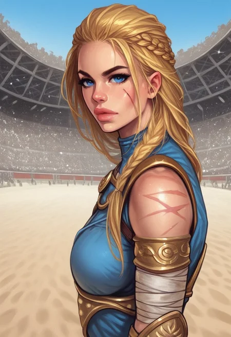 1girl, (((side view))), illustration, highly detailed, skinny, model body, looking at viewer, 1girl, masterpiece, best quality, femgladiator, scar, bloody, dynamic pose, <lora:Gladiator_F_For_Honor:0.9>
BREAK
(((((Bestiary gladiator armor, scars))))), ((((dynamic pose))))
long hair, blonde hair, big hair, blue eyes,
(((a short soft tunic, arms and legs bandaged with tight bandages)))
best quality, depth of field, bokeh, (((full clothed))),
BREAK
((((outdoor, gladiator arena, sand, colosseum, scars, bloody:1.2)))) score_9, score_8_up, score_7_up, score_6_up, source_cartoon, rating_explicit, Expressiveh, ((((upper body))))), dynamic pose,