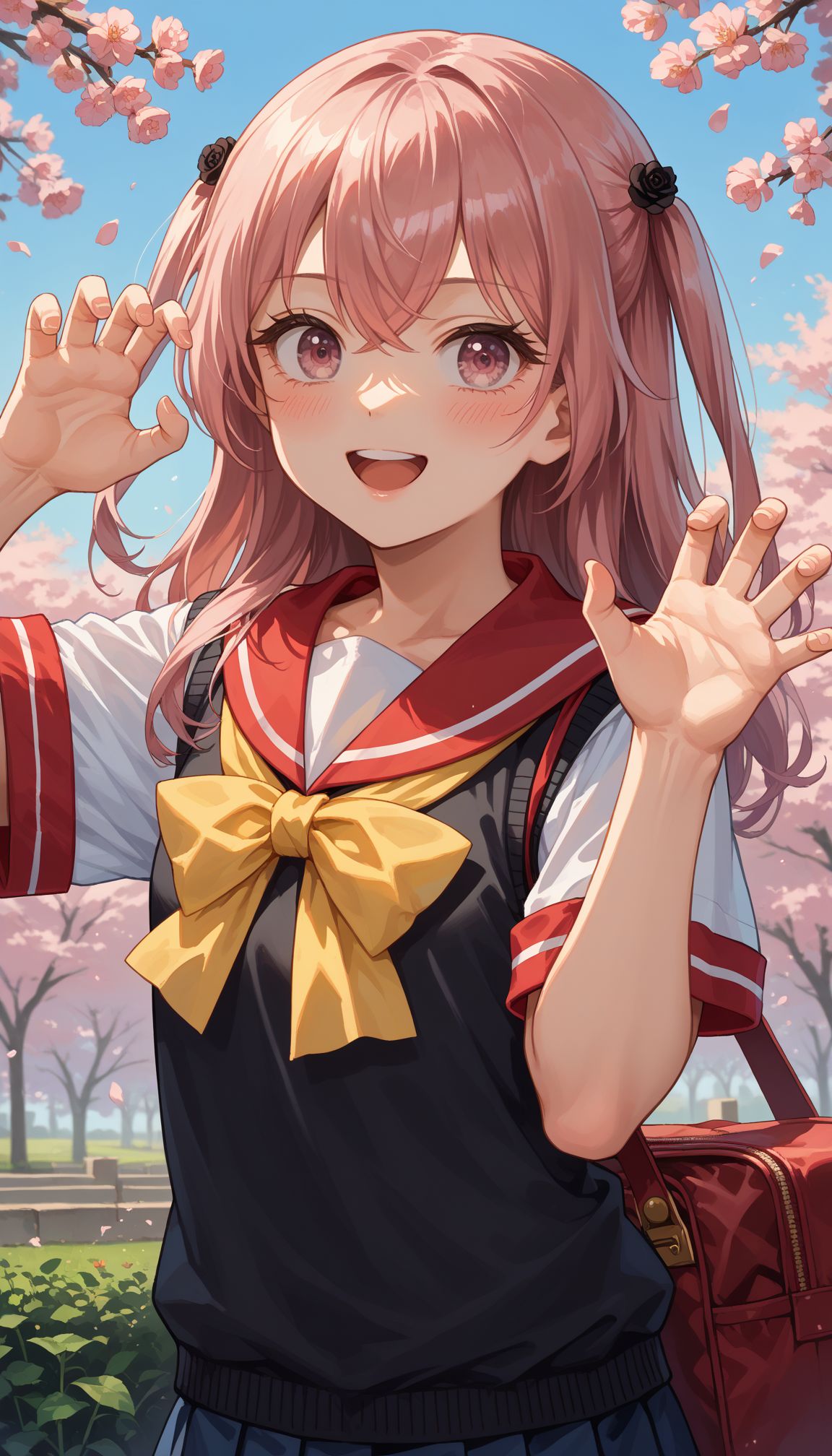 score_9, score_8_up, score_7_up, source_anime,
,outdoors,cherry blossoms,standing,cowboy shot,smile,waving, flower field,
AASajuna, 1girl, pink hair, red sailor collar, yellow bow, looking at viewer, simple background, long hair, open mouth, short sleeves, white shirt, black flower, hair ornament, crossed bangs, school uniform, blush, hair between eyes, bag, upper body, hair flower, black rose, claw pose, black sweater vest, two side up, upper teeth only, serafuku, pink eyes, bowtie, hands up <lora:Inui Sajuna :1>