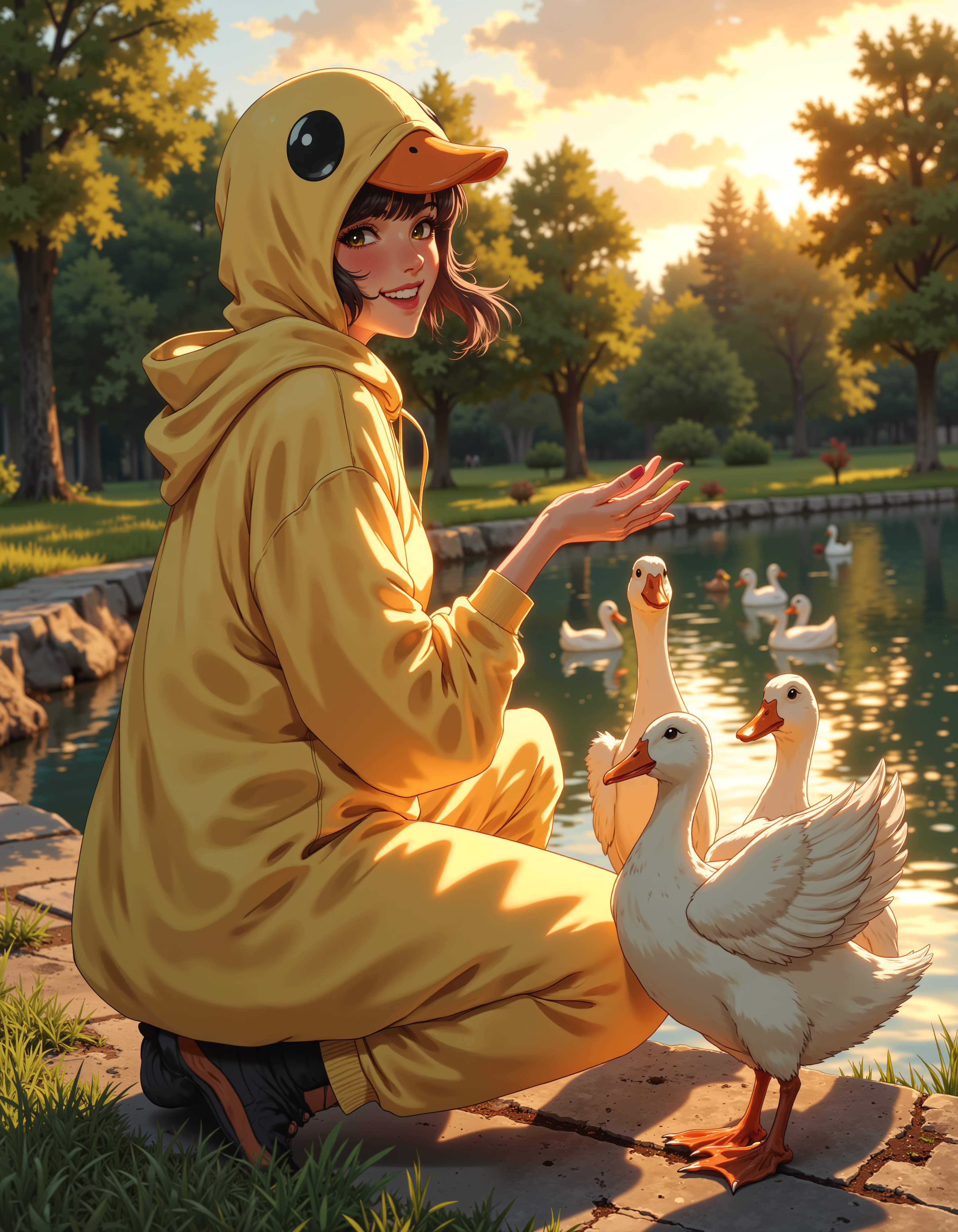 <lora:realanime:0.8>, sexy woman wearing a duck onesie, she is by a pond chasing a group of real ducks . Charming image. Dusk. She has a joyous look on her face. Short hair. Semi realistic.