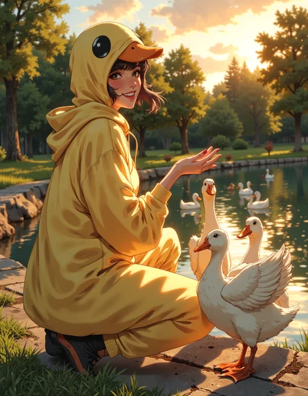 <lora:realanime:0.8>, sexy woman wearing a duck onesie, she is by a pond chasing a group of real ducks . Charming image. Dusk. She has a joyous look on her face. Short hair. Semi realistic.