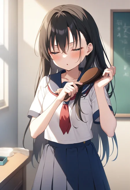 1girl,sincos, ningen mame, toosaka asagi,solo,medium breasts,school uniform,
brushing hair,hair brushing,hair brush,<lora:brushinghair_XL_v1:0.7>
best quality, very aesthetic, absurdres