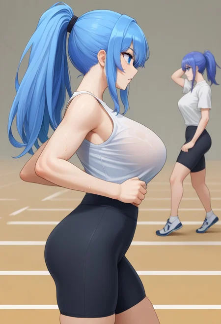 charlotte_wraith, blue eyes, blue hair, large breasts, thick waist, sweaty, working out, bike shorts, running, ponytail, side view, white shirt, highly detailed, csr style, mammoth_metal_style
absurdres, high quality, score_7_and_up