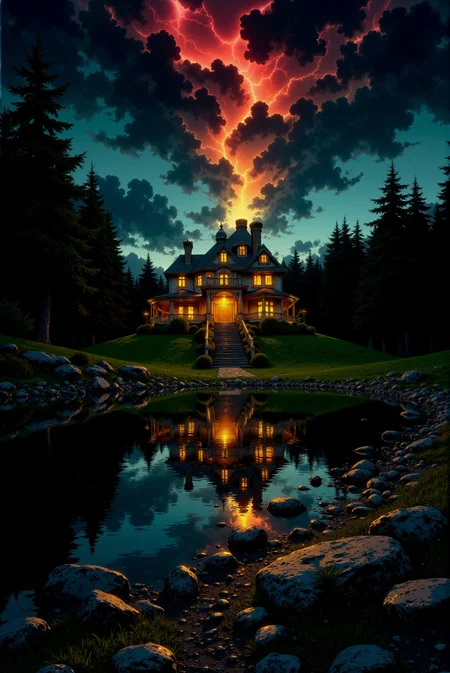<lora:DGLO_style_v.7:0.75> DGLO style.
Perched at the edge of a serene, reflective pond, an imposing mansion towers beneath a sky that swirls with celestial energy. The sky pulses with colors—a storm of reds, oranges, blues, and greens—like a tear between dimensions. The windows of the house glow warmly, casting long, golden reflections into the water below, juxtaposed against the surreal vibrancy of the sky. A rocky trail winds from the pond’s edge, leading to the grand staircase of the mansion, which stands like a sentinel guarding the boundary between worlds. The stillness of the surrounding landscape—the rocks, the soft grass, and the dark silhouette of evergreen trees—contrasts with the dynamic sky above, suggesting the house is a gateway to the unknown.