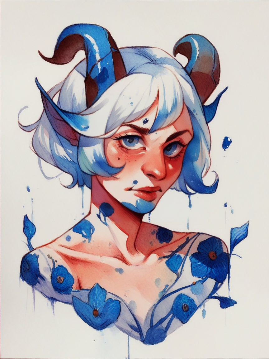 score_9, score_8_up, score_7_up, score_6_up, <lora:blu31nk:0.7> blu31nk, solo, 1girl, white hair, traditional media, watercolor, white background, white and blue, blue vines and floral, horns,