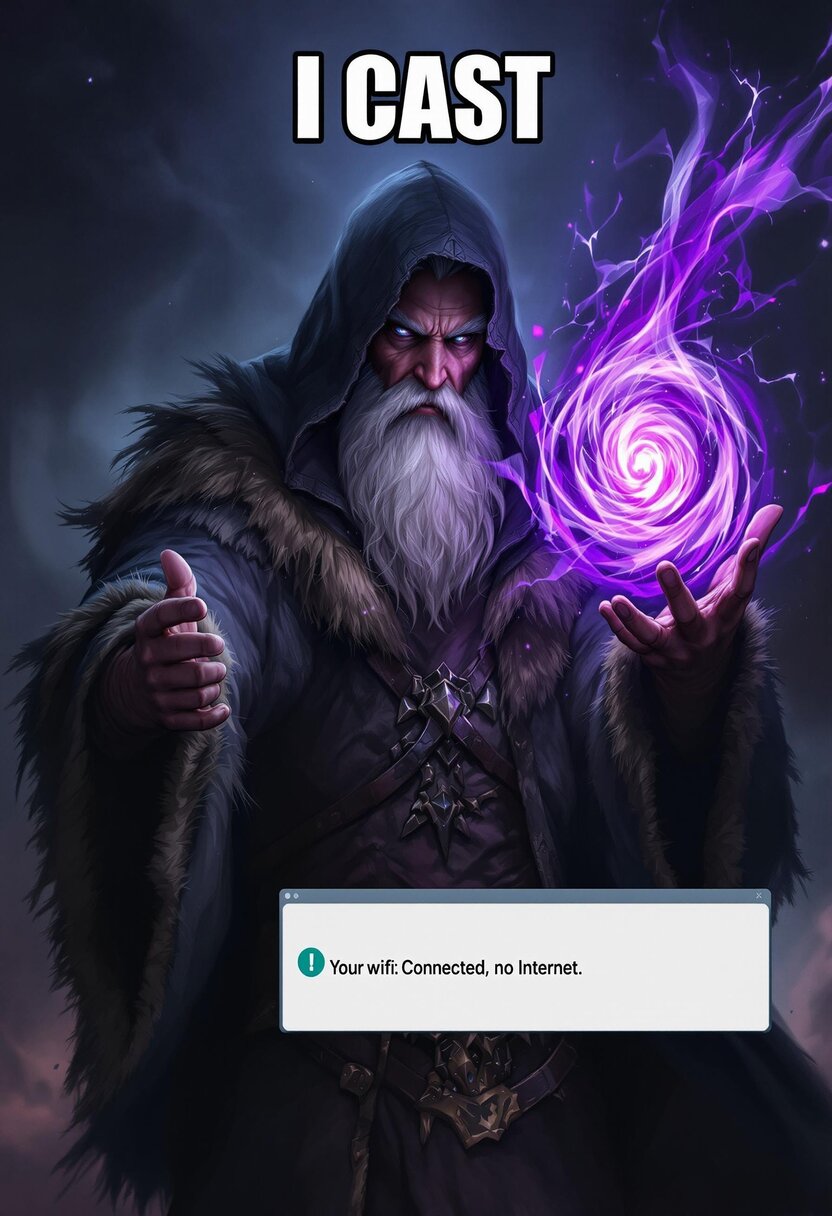 An epic fantasy-style digital painting of an ancient wizard casting a dark spell. The wizard has a long white beard and wears a tattered hooded cloak lined with fur, his face partially shadowed for a dramatic effect. His glowing, magical hand conjures a swirling orb of purple and black energy radiating dark light and mystical power. The background is dark, ethereal, and filled with swirling arcane magic. Overlaid on the image is a humorous modern twist: a WiFi error message that reads 'Your wifi: Connected, no Internet,' placed prominently at the bottom. Above the wizard's head, bold white text reads, 'I CAST,' adding comedic contrast to the otherwise serious and magical scene