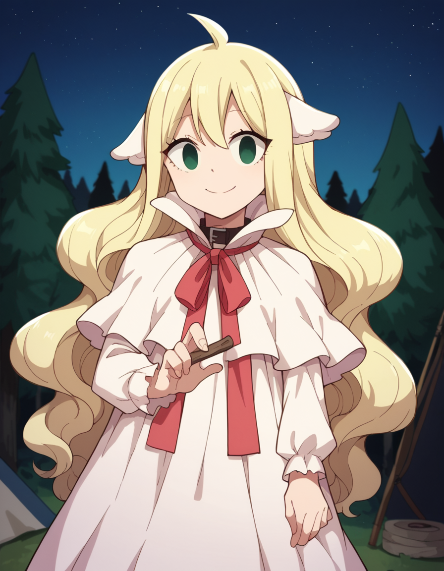 score_9, score_8_up, score_7_up, source_anime, <lora:mavis-vermillion-anime-ponyxl-lora-nochekaiser:1>, mavis, long hair, blonde hair, green eyes, ahoge, wavy hair, animal ears,, dress, white dress, collar, ribbon, red ribbon, capelet, long sleeves,, camping, bonfire, tent, stargazing, marshmallows, forest clearing, night, smile, looking at viewer, hand making an OK sign, solo,, cowboy shot, dutch angle