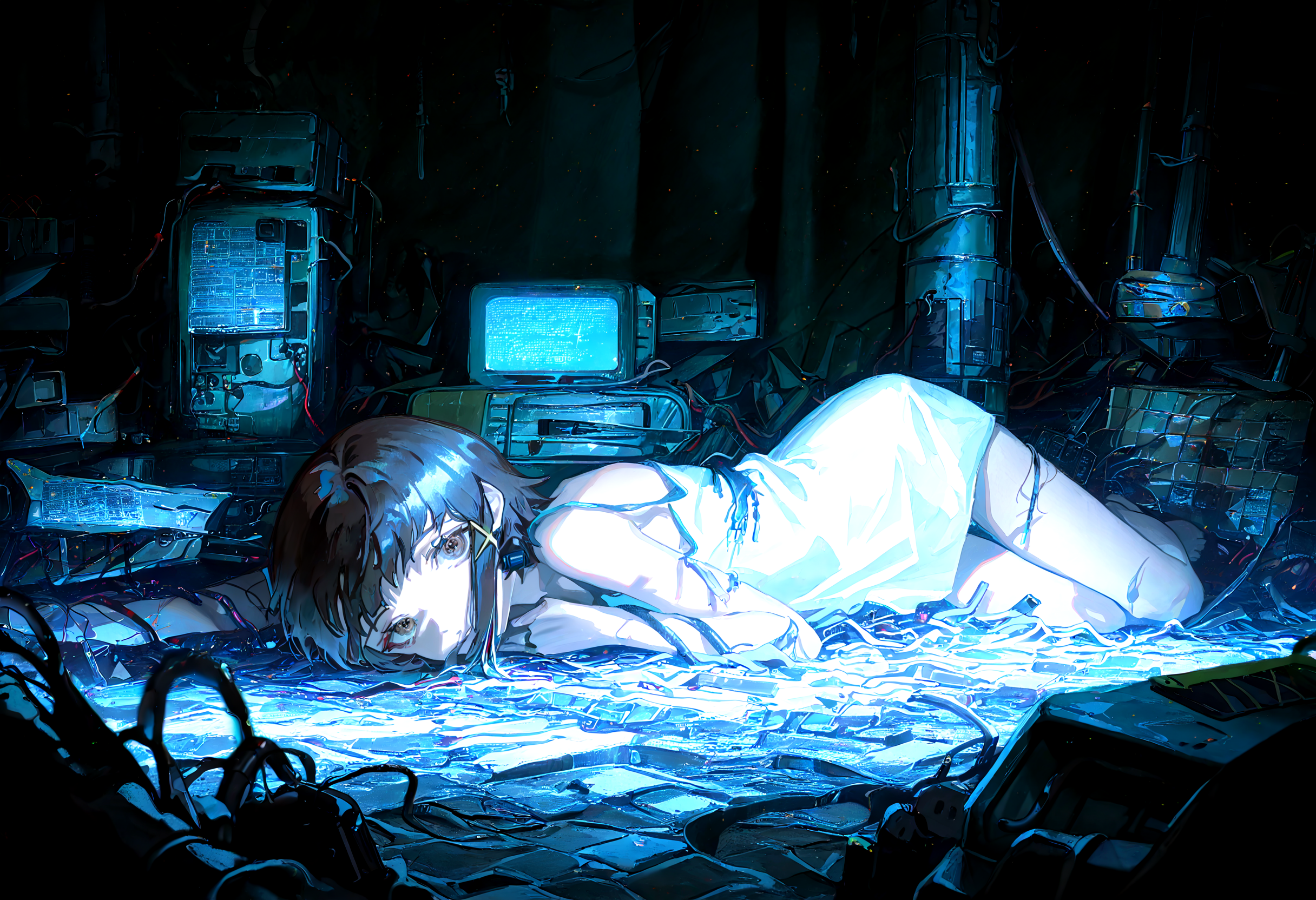 masterpiece, best quality, amazing quality, very aesthetic, absurdres,  newest,
1girl, iwakura lain,  solo,  thigh_gap,  white camisole , dark_background, cable, looking_at_viewer ,pile , spaghetti_strap , utility_pole,wire,
yoneyama mai,quasarcake:0.7, rolua, negative space, cinematic shot, very awa, science fiction,matrix, code, digital,computer, glitch, covered  in wire, green background, all four, on stomach, 
<lora:cfg_scale_boost:0.7>, <lora:illustrious_noobai_epsilon_pred_11_very_aesthetic_v1:0.6>, <lora:illustrious_noobai_epsilon_pred_1_masterpieces_v1:0.6>, <lora:illustrious_noobai_epsilon_pred_1_best_quality_v1:0.6>, <lora:Lain_PonyXLv3:0.7>, <lora:Code__Digital_World_Morph_v2_PONY_XL_by_UOC:0.7>, <lora:USNR STYLE_XL_loha:0.7>