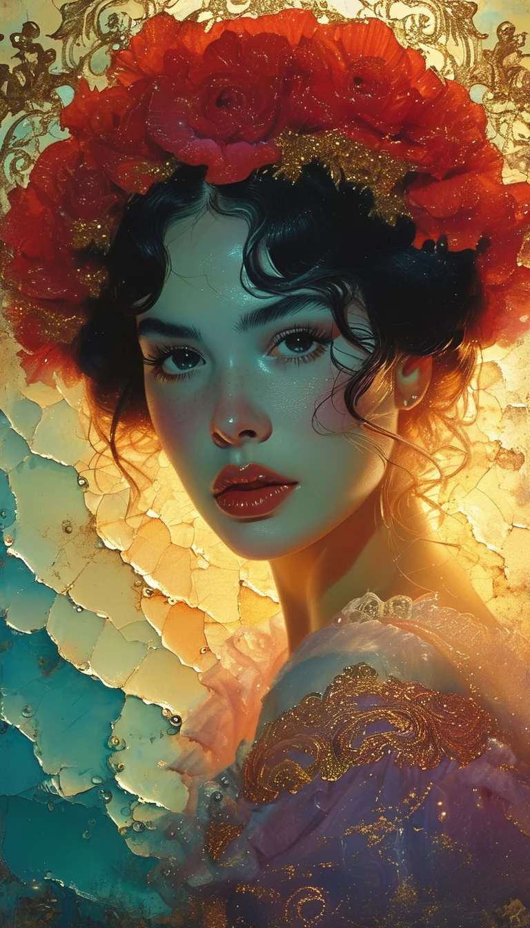 studio light photography,1930s technicolor movie still, vintage allure, analog raw photo, dramatic lighting dimlit backlit, art by [ Etam Cru, Ralph Steadman,  Erté , Mads Berg ], extreme detailed skin, hyperrealistic skin texture and details,  in the style of [splash art, alcohol ink, art deco, detailed, dark fantasy, two parts in one art, double exposure, beautiful sensual gothic lady falling down disintegrating into black rose petals,  exploding, psychedelic, vibrant colors,  complex detailed background,  dark tales,  rococo punk, sea marine waves backdrop, nightmare, psychedelic, contemporary Ukiyo-e, surreal, nature, abstract shapes and patterns, lively atmosphere, dreamy, pastel colors, highly detailed beautiful face, iridescent, 2d, flat, cute, adorable, vintage, art on a cracked paper, patchwork, stained glass, fairytale, storybook detailed illustration, cinematic, ultra highly detailed, tiny details, beautiful details, best quality, mystical, luminism, vibrant colors, complex background ]