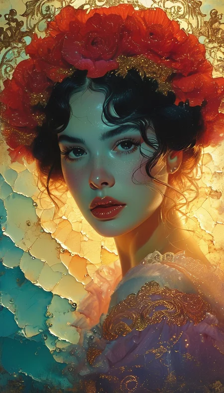 studio light photography,1930s technicolor movie still, vintage allure, analog raw photo, dramatic lighting dimlit backlit, art by [ Etam Cru, Ralph Steadman,  Erté , Mads Berg ], extreme detailed skin, hyperrealistic skin texture and details,  in the style of [splash art, alcohol ink, art deco, detailed, dark fantasy, two parts in one art, double exposure, beautiful sensual gothic lady falling down disintegrating into black rose petals,  exploding, psychedelic, vibrant colors,  complex detailed background,  dark tales,  rococo punk, sea marine waves backdrop, nightmare, psychedelic, contemporary Ukiyo-e, surreal, nature, abstract shapes and patterns, lively atmosphere, dreamy, pastel colors, highly detailed beautiful face, iridescent, 2d, flat, cute, adorable, vintage, art on a cracked paper, patchwork, stained glass, fairytale, storybook detailed illustration, cinematic, ultra highly detailed, tiny details, beautiful details, best quality, mystical, luminism, vibrant colors, complex background ]