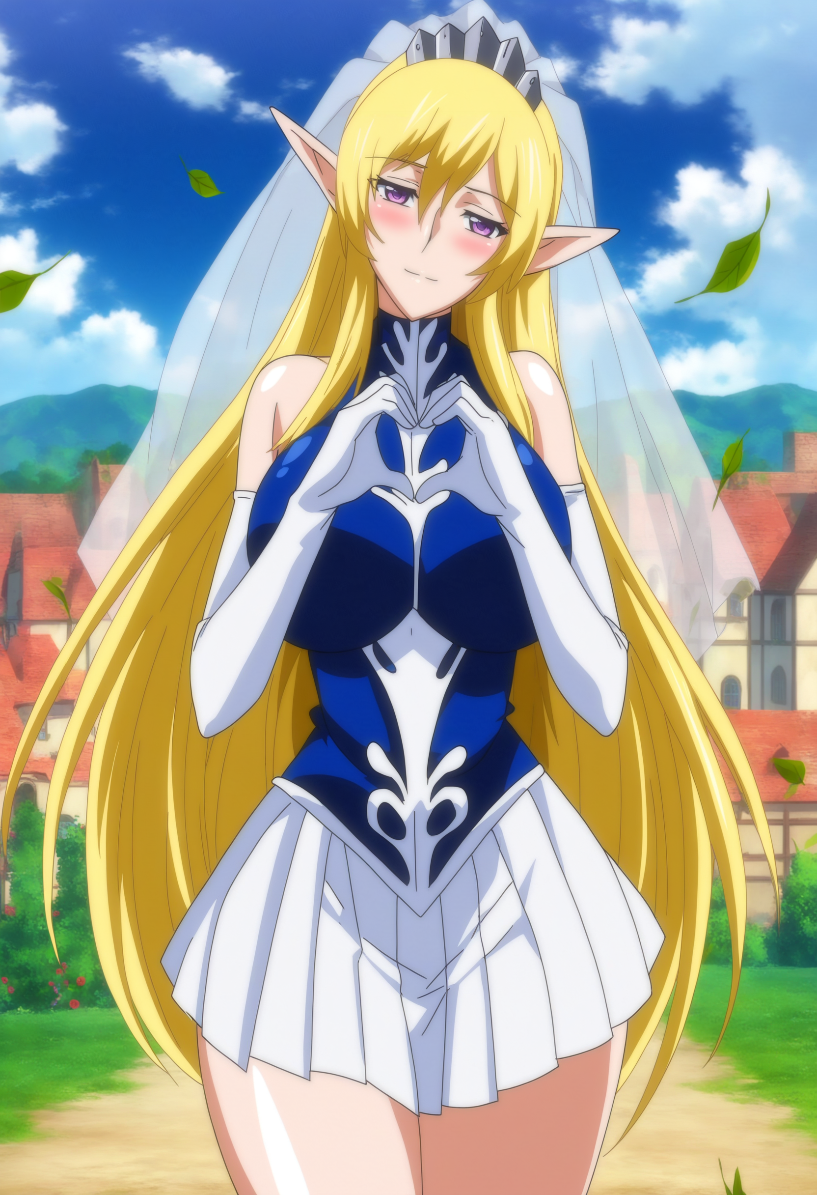 masterpiece, good quality, best quality, absurdres, highres, very awa, game cg, anime screenshot,
ninaaslato, cowboy shot, heart hands, loving aura, 
1girl, elf, solo,
looking at viewer, blush, light smile, head tilt, half-closed eyes, 
blonde hair, long hair, purple eyes, tiara, bridal veil, 
turtleneck, short dress, blue dress, white skirt, bare shoulders, elbow gloves, pleated skirt,
curvy, large breasts, thick thighs,
outdoors, blue skies, clouds, falling leaves, red rose, wedding, town, 
<lora:NinaAslato 3216 NoobAIXL Vpred_1:1>