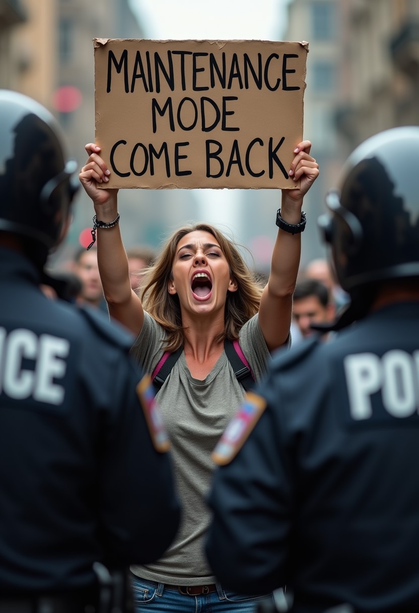 A photograph of a screaming, ragged, angry madwomen protesting with a poster in his hands that says "MAINTENANCE MODE, COME BACK", police officers stand in the foreground with their backs to the viewer,