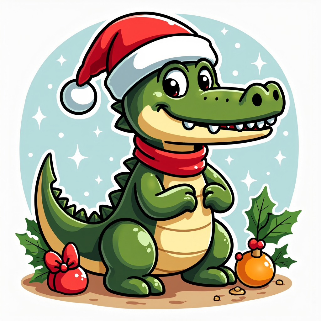 A christmas themed clipart of a crocodile
<lora:ChristmasIconsFlux-step01000:0.9>