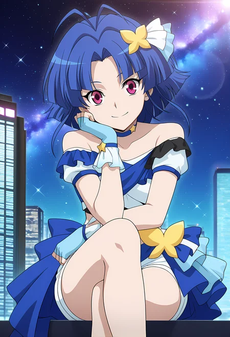 masterpiece,best quality,amazing quality,
solo,
Am Chouno (Cardfight Vanguard), short hair, blue hair, antenna hair,
idol outfit, idol, blue choker, blue gloves, fingerless gloves, white shorts,
looking at viewer, smile, cheeks leaning on arm,
cinematic, crossing legs,
Outdoors, night, On top skyscraper, sci-fi city, (galaxy sky:1.2),
Lens flare, bloom, detailed shadow,
Official style, anime screencap, anime coloring,