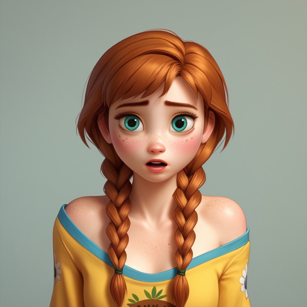 score_9, score_8, score_7, score_6, Anna, 1girl, seductive eyes, fFaceDetail, OverallDetail, freckled shoulders, happy, skinny, dual braids, arms in the air, loose pajamas, exposed shoulder, exposed midriff, barefoot, medieval bedroom, freckled chest