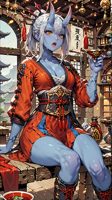 (zPDXL2), webtoon, anime, centered, perfect hands, (((sitting on a chair))), looking up, (pouring sake down in sake cup:1.5), holding gourd, holding sake cup, open mouth, wooden floor, gosk, 1girl, 1woman, solo, (blue skin:1.5), blue oni, flesh horns, white hair, yellow eyes, orange open kimono, cleavage, sarashi, tomboy, atlethic, indoors, medieval fantasy, bar, tavern background, <lora:sd_xl_dpo_lora_v1:1>, <lora:OMG-Is-DucHaiten_v1.0:0.1>, <lora:gosk_PonyXL:0.8>