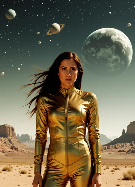 SFW, brightly lit, The image shows a woman standing in a desert-like landscape with mountains in the background. She is wearing a shiny gold suit with a high neckline and long sleeves. Her e hair is blowing in the wind and she is looking off into the distance with a serious expression on her face. The sky is filled with stars and planets, and there is a large planet in the top right corner. The overall mood of the image is futuristic and sci-fi., aidmaimageupgrader<lora:flux\custom\celebrity\vanessa-carlton.safetensors:1.05:1.05> <lora:flux\turbo-8-step-flux.safetensors:0.5:0.5> <lora:flux\style\Common\aidmaImageUprader-FLUX-v0.3.safetensors:0.25:0.25>