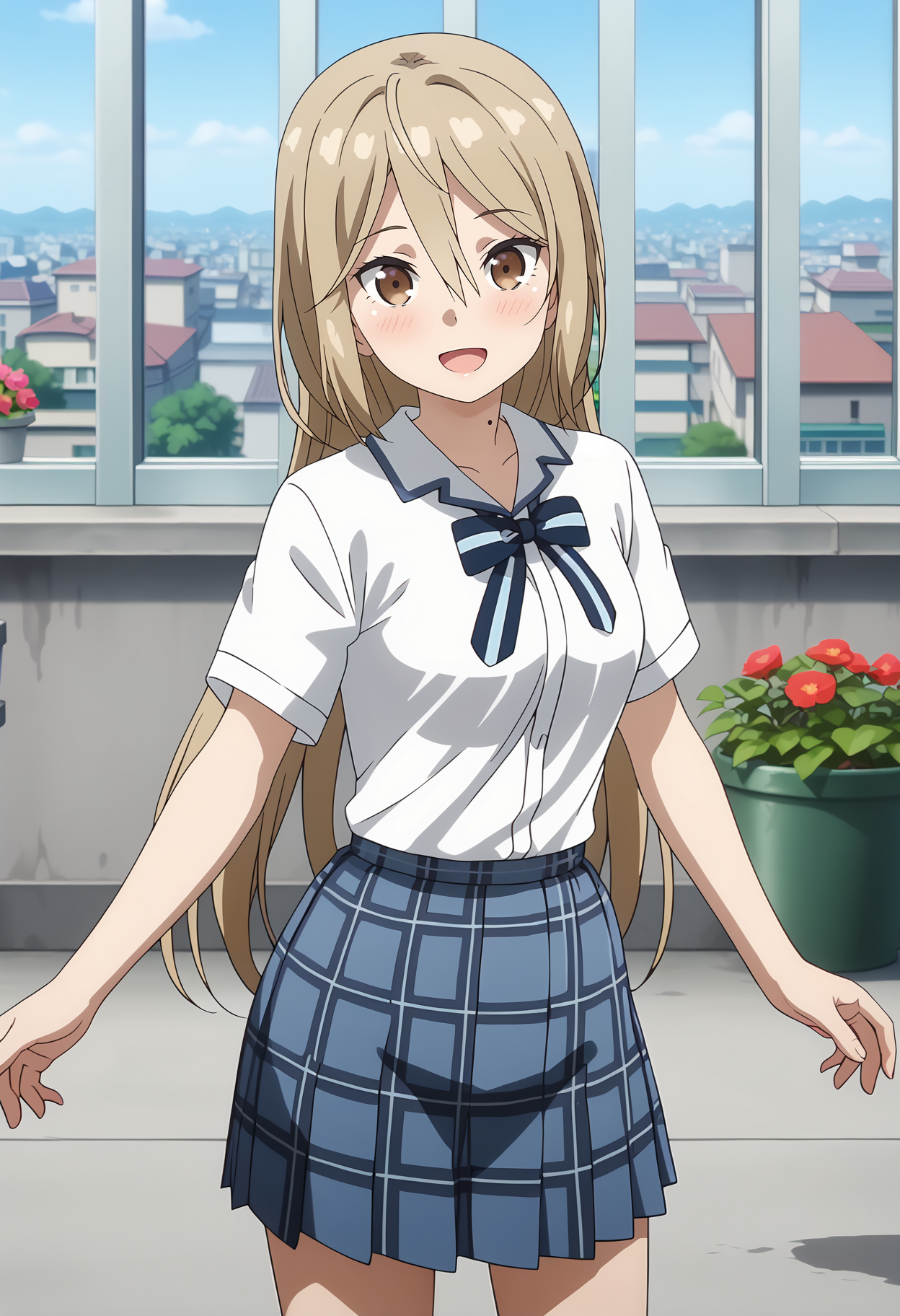 anime screencap,
<lora:OneRoom_KotokawaAkiraXL:0.9>,
1girl, solo, open mouth, light smile, blush,
long hair, light brown hair, hair between eyes, brown eyes, mole on neck,
AkiraSchool, white shirt, striped bowtie, blue bowtie, short sleeves, plaid skirt, pleated skirt, blue skirt,
cowboy shot, standing, looking at viewer,
day, rooftop, plants, cityscape, outdoors,