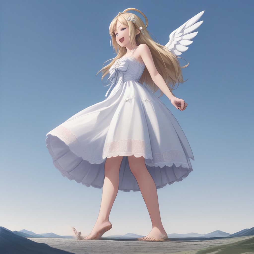 score_9, score_8_up, score_7_up, score_6_up, score_5_up, macro, giantess,( 1girl:1.5), solo focus, ecute, blue eyes, flower, hair ornament, blonde hair, long hair, white dress, smug, (lace dress, lace:1.5), blonde, (low angle, from below:1.4), giantess, macro, blonde hair, landscape, barefoot, smiling, happy, sunny blue sky background, tiny cities, tiny landscape, landscape dwarfing, soles, dirty feet, feet, w1ngs, angel wings, angel, halo, angel halo, flat landscape, (twirl_spin, holding dress, spinning, dancing, happy, close up toes, toes:1.3), full body