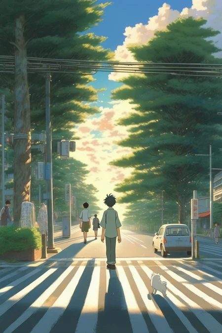 <lora:Makoto Shinkai Style:1>Makoto Shinkai Style - In the afternoon, the slight evening breeze gently brushed the treetops, and the sun was about to set, casting a long shadow against the background. A Chinese man walked across the crosswalk on the city street. The Handsome, Anime, Hayao Miyazaki