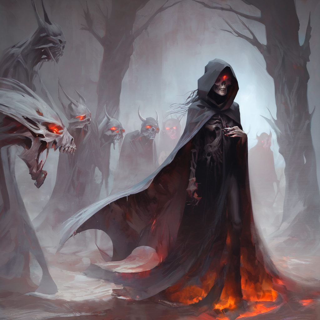drawix13 expressive acrylic painting, death woman in cloak and demons, sharpen <lora:drawix13:1>