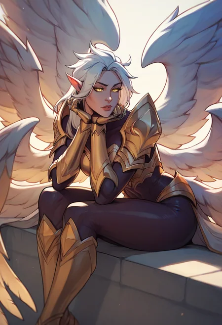 score_9, score_8_up, score_7_up, score_6_up, k4yle, kayle, 1girl, yellow eyes, long hair, pointy ears, white hair, wings, multiple wings, feathered wings, bodysuit, armor, breastplate, shoulder armor, gauntlets, <lora:Kayle_Default_v2:0.7>, sitting, head rest