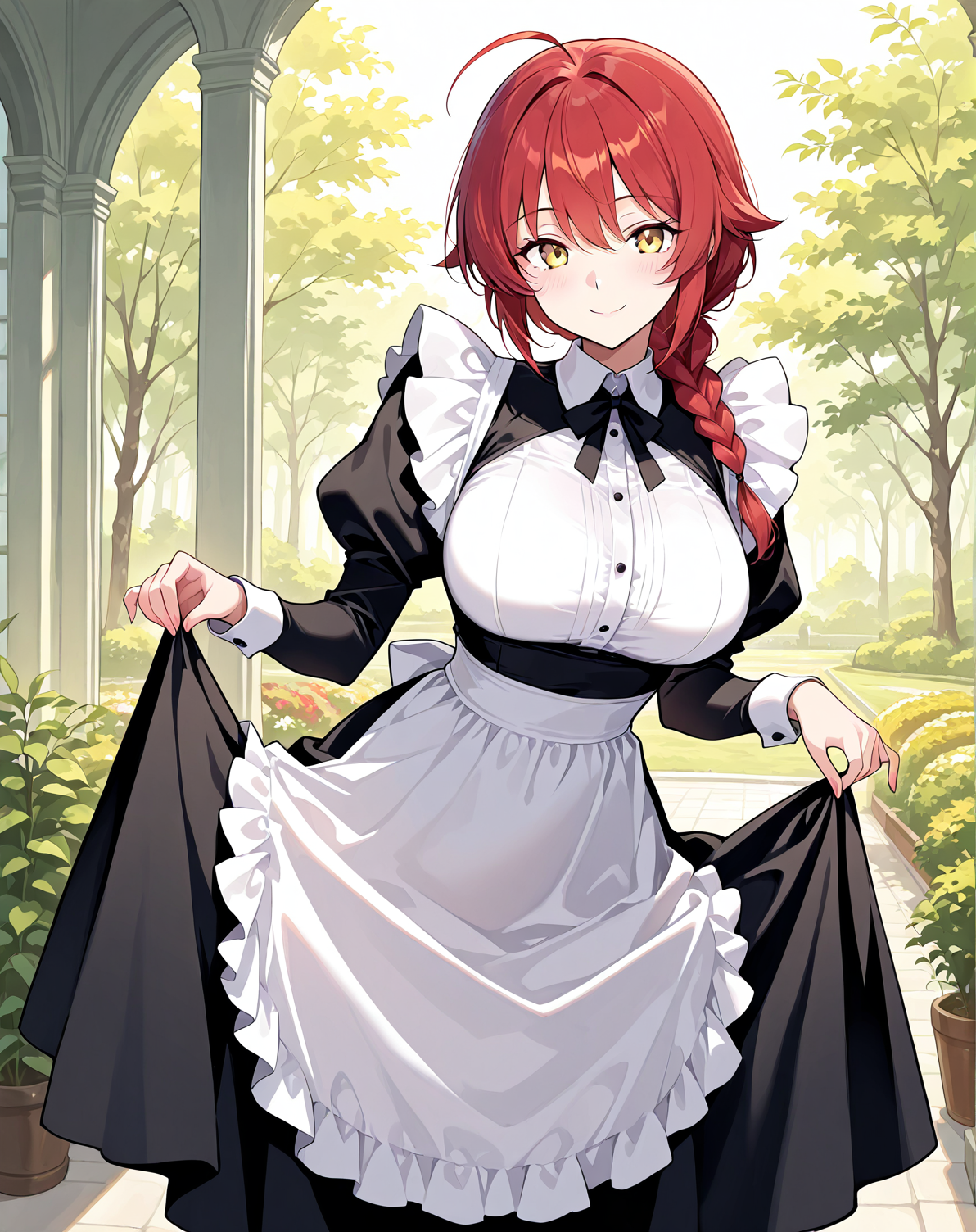  <lora:Ha_Yuri illustri:1>
1 girl, solo, long braided ponytail, red hair, short hair, ahoge, yellow eyes
maid's outfit
Masterpiece,(perfect female body:1.2), small waist, (incredibly detailed:1.4), slim, beautiful fingers, beautiful skin,  looking at viewer, breasts, skirt hold, large breasts, long sleeves, smile, garden background
