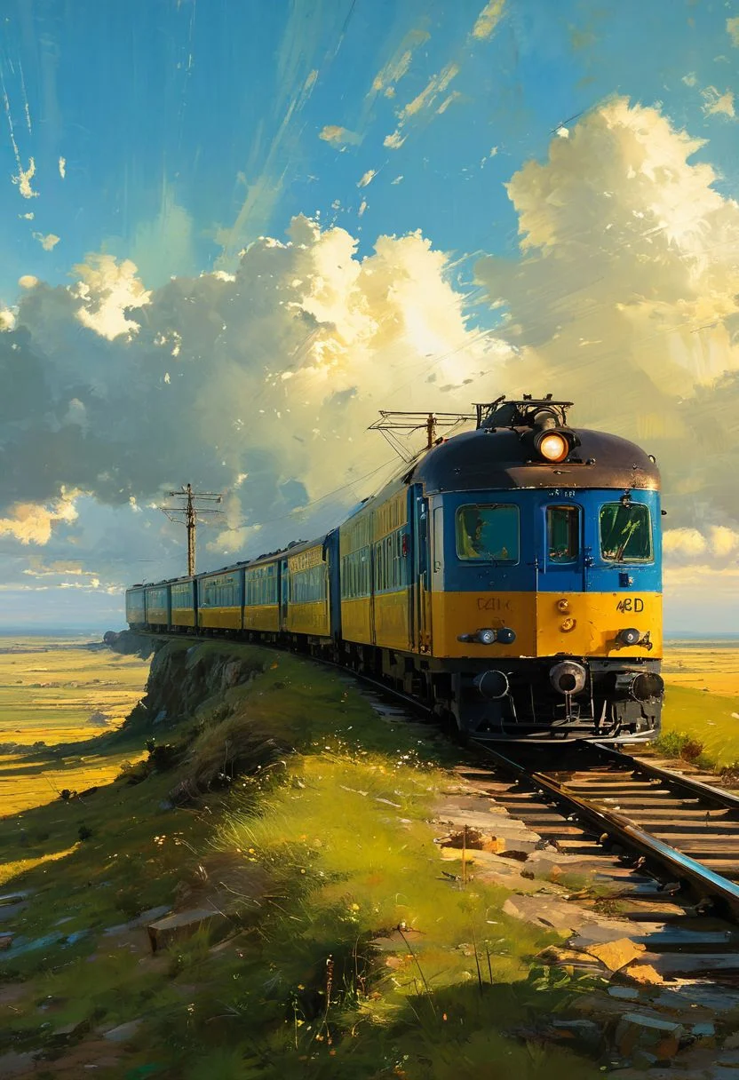 ((masterpiece, best quality, high quality, highres, ultra-detailed)),  ,a moving train <lora:soldart:0.6> <lora:AngelicAI:0.1> <lora:add_detail:1>,, against the background of the a moving train, blue sky, sunny day, epic clouds, (oil painting:0.1),  (best quality, 8K, high resolution, extreme detail, outstanding composition:1.4), art by Jeremy Mann, god rays, dramatic light,   (oxygen-rich air and sheltered atmosphere, , aesthetic of hard - edge painting:0.1),