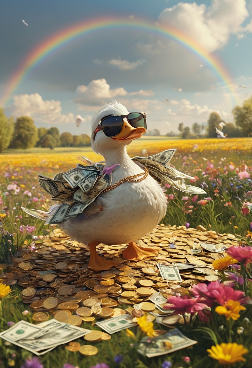 cartoon-style scene of a fabulously wealthy duck, vibrant field filled with fluttering dollar bills, wearing a lavish gold chain, sunglasses, looking relaxed. Oversized coins, colorful flowers swaying in the breeze. Bright, sunny, with a rainbow arching overhead, adding to the whimsical and extravagant atmosphere of this rich duck's dreamland.
[style of greg rutkowski,janek sedlar,jenny saville:0]  <lora:vivid_everclear:0.35>  <lora:Sinozick:0.35>  <lora:MJ52:0.35>