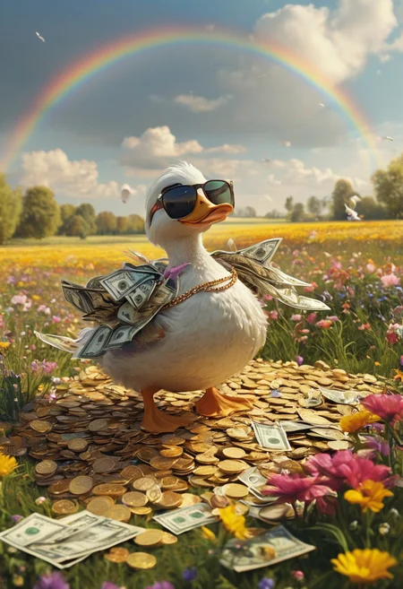 cartoon-style scene of a fabulously wealthy duck, vibrant field filled with fluttering dollar bills, wearing a lavish gold chain, sunglasses, looking relaxed. Oversized coins, colorful flowers swaying in the breeze. Bright, sunny, with a rainbow arching overhead, adding to the whimsical and extravagant atmosphere of this rich duck's dreamland.
[style of greg rutkowski,janek sedlar,jenny saville:0]  <lora:vivid_everclear:0.35>  <lora:Sinozick:0.35>  <lora:MJ52:0.35>
