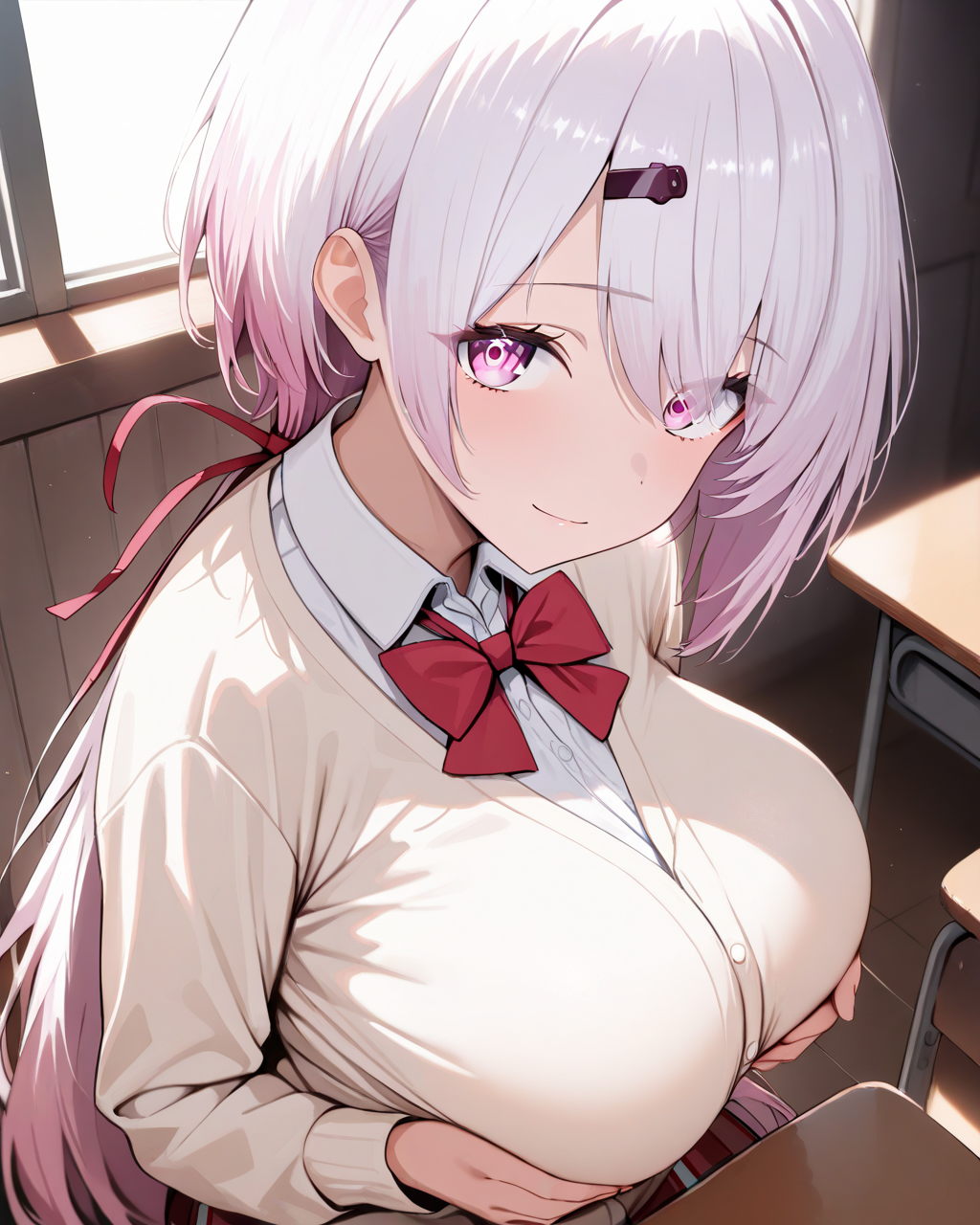 1girl,
ShiinaYuikaNijisanji,
solo, upper body, from above,
low ponytail, beautiful eyes, looking at viewer,
light smile,
sitting,
cardigan, red bow, long sleeves, collared shirt,
large breasts, breast lift,
school, indoors, soft lighting,
depth of field,
<lora:kp_ShiinaYuikaNijisanji1stCostumeAnimagineXL_v1_1:1.0>,
masterpiece, high score, great score, absurdres