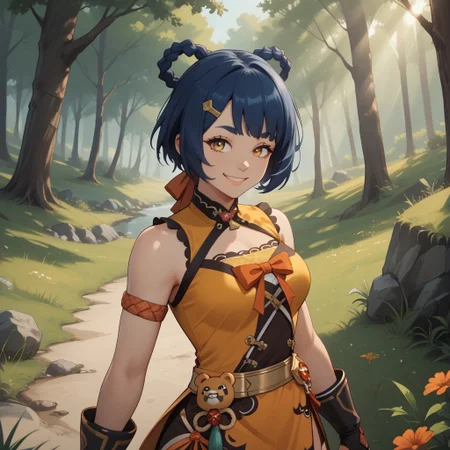 score_9, score_8, BREAK, solo, xiangling \(genshin impact\), orange thigh brace, dark blue hair, yellow eyes,hair ornament, hair rings, braid, chinese clothes, hairclip, dress, short hair, bangs, sleeveless, bare shoulders, dot eyebrows, sexy pose, self portrait, smile, looking at viewer, outdoors, sunlight, shadows, evening lighting, natural lighting, forest, trees, grass, orange sky, sunset