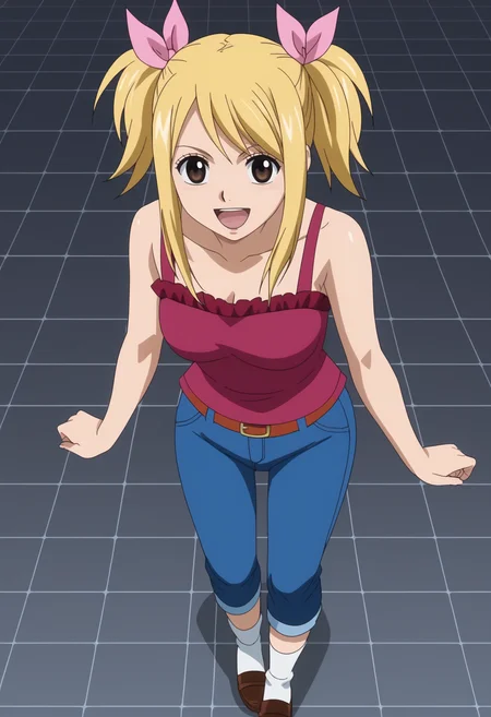 score_9, score_8_up, score_7_up, anime screencap, BREAK, 1girl, solo, <lora:DX888Lucy:1> lucy heartfilia, brown eyes, twintails, BREAK dark gray background, simple background, grid background, happy, ^o^, open mouth, xd, Bow Flats, Scalloped Ankle Socks, Gingham Pants, Ruffle-neck Top