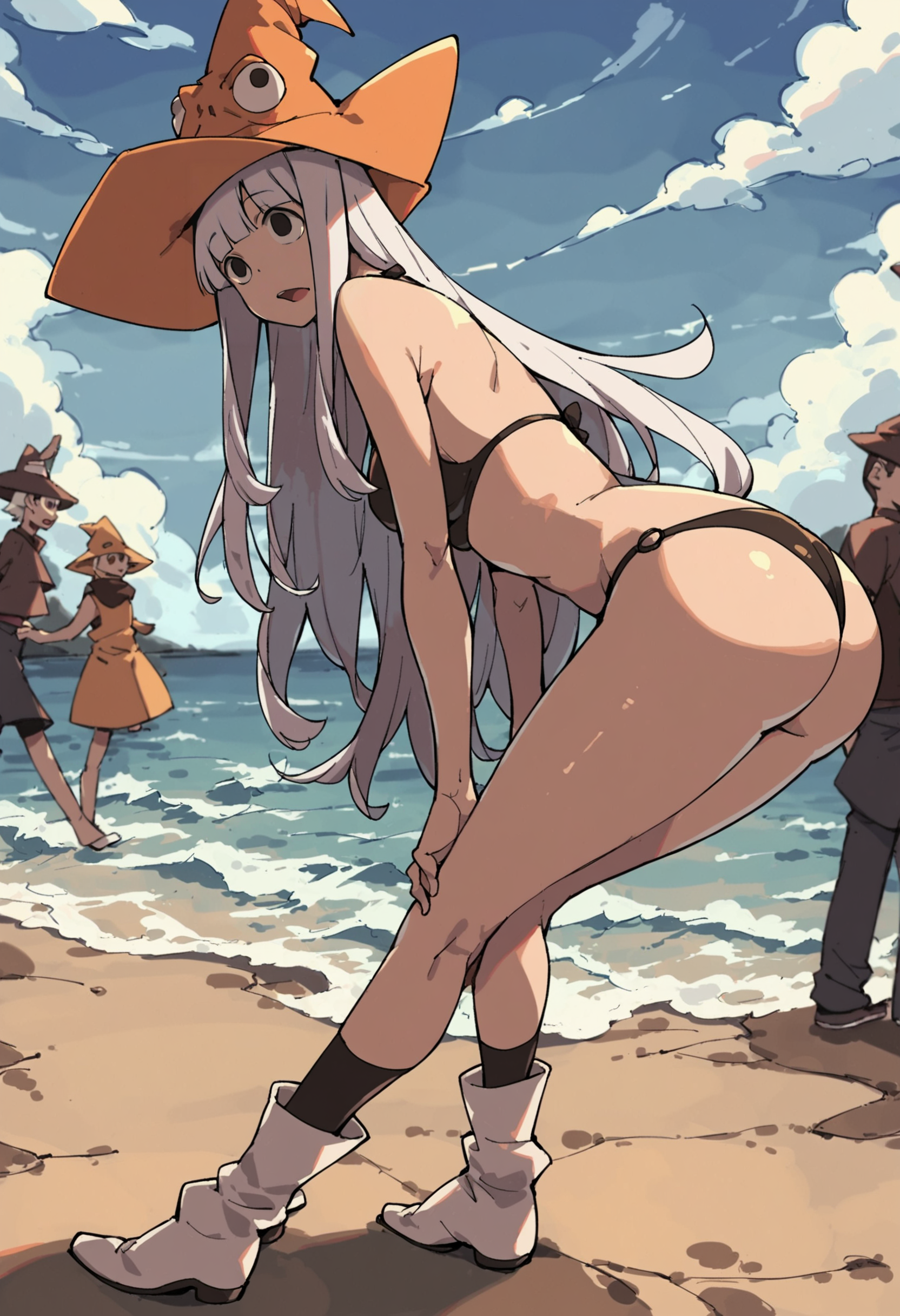 (score_9,score_8_up,score_7_up,score_6_up,score_5_up,score_4_up, source_anime:1.2),  from the side,  anime, (vivid colors, bright colors:1.1),  1girl,  thin, curves, adult, thin waist, (Eruka_Frog:1.3),   medium size breasts, open mouth, white hair,long hair,bangs,orange hat, thin hat, witch hat,white boots,polka dots,black bikini , (sexy pose, bending over, thick ass, shiny skin:1.2),   (sitting on sandy beach, outside, crowd, waves, sunshine, bright:1.2),   <lora:Eureka_Frog_v10:1>