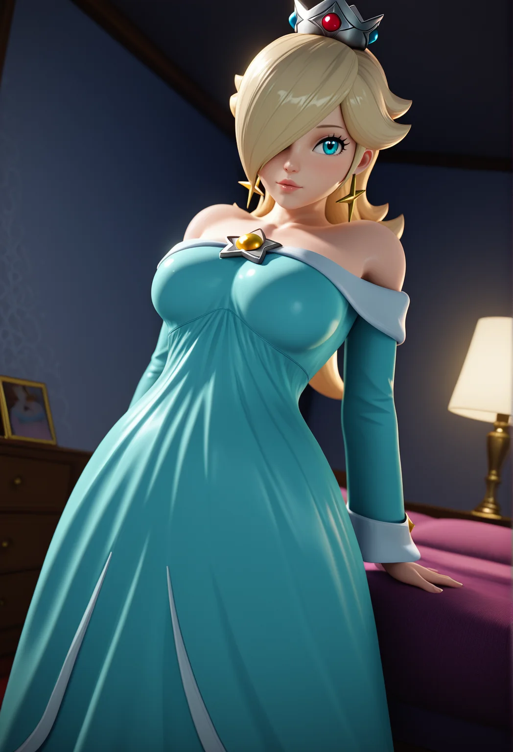 3dcgi, 3d, 1girl, princess rosalina, blonde, hair over one eye, blue dress, bedroom