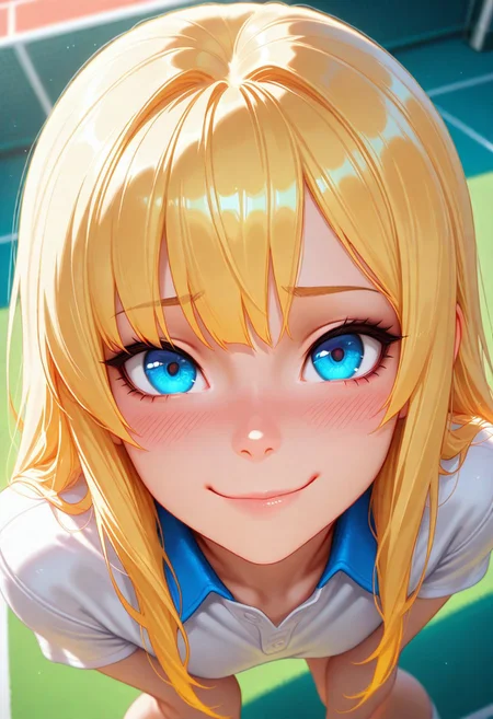 masterpiece, best quality, amazing quality, volumetric lighting, high contrast, (by_neoartcore:0.1), vibrant colour, BREAK, 1girl, 25 years old, cute, petite,
three quarter view, detailed face, portrait, face focus, depth of field, looking at viewer, blush, shy smile,
blue eyes,
blonde hair, long hair,
white shirt,
tennis court,
legs apart, looking at viewer,