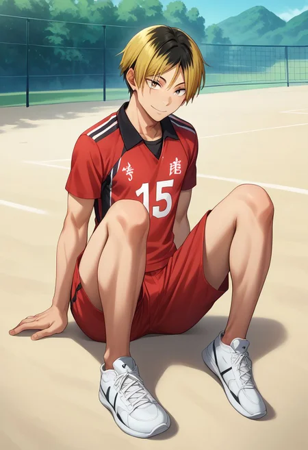 score_9, score_8_up, score_7_up, source_anime, highly detailed, kenma, 1boy, male focus, solo, blonde hair, sportswear, volleyball uniform, multicolored hair, shorts, two-tone hair, black hair, red shorts, slim, lying, sit, short height, smile, looking at viewer, outdoors, bare legs, white sneakers, masterpiece, best quality, best aesthetic, presenting, sexually suggestive, rating_explicit, yaoi,