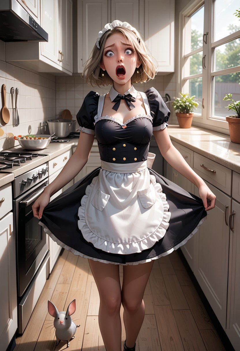score_9, score_8_up, score_7_up, score_6_up, masterpiece, cinematic, dynamic camera angle, 1girl, scene of a girl scared of mice, 1girl, BREAK, 
1girl, pretty 24 years, long dirty blonde hair, hair down, French maid outfit, short black maid skirt, white apron, slender waist, long legs, standing in modern kitchen, looking down at kitchen floor, surprised, screaming, shocked, BREAK,
(((mice on kitchen floor, mice surrounding girl, many mice in frame))), BREAK, modern kitchen, mid day, sun illuminating scene, high definition, best quality, 8k