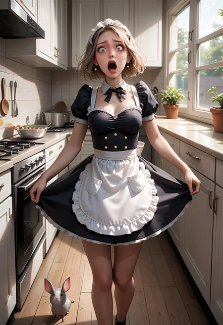 score_9, score_8_up, score_7_up, score_6_up, masterpiece, cinematic, dynamic camera angle, 1girl, scene of a girl scared of mice, 1girl, BREAK,
1girl, pretty 24 years, long dirty blonde hair, hair down, French maid outfit, short black maid skirt, white apron, slender waist, long legs, standing in modern kitchen, looking down at kitchen floor, surprised, screaming, shocked, BREAK,
(((mice on kitchen floor, mice surrounding girl, many mice in frame))), BREAK, modern kitchen, mid day, sun illuminating scene, high definition, best quality, 8k