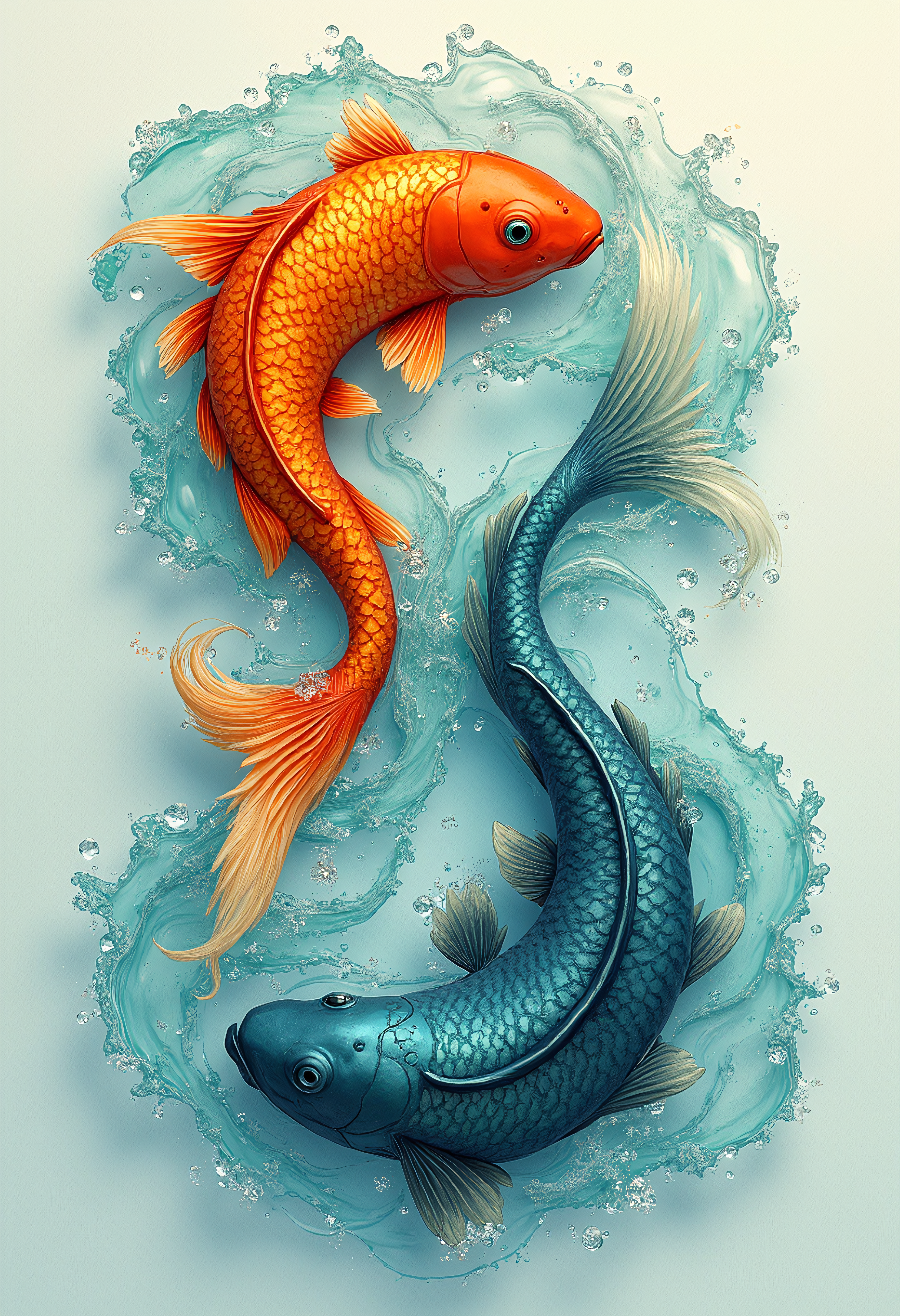 A pair of fish swimming in a continuous loop, forming the shape of an infinity symbol. One fish is painted in vibrant warm tones, while the other in cool blues and greens, symbolizing the endless flow and balance of nature. The water around them has a swirling, dynamic texture, creating a sense of movement and unity.
