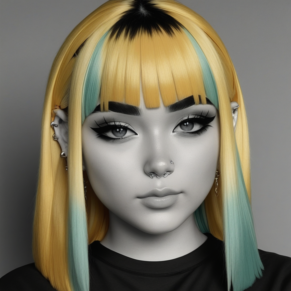 ear piercing, monochrome, simple background, blonde hair, multicolored hair, closed mouth, portrait, heart, makeup, grey eyes, thick eyebrows, black shirt, bangs