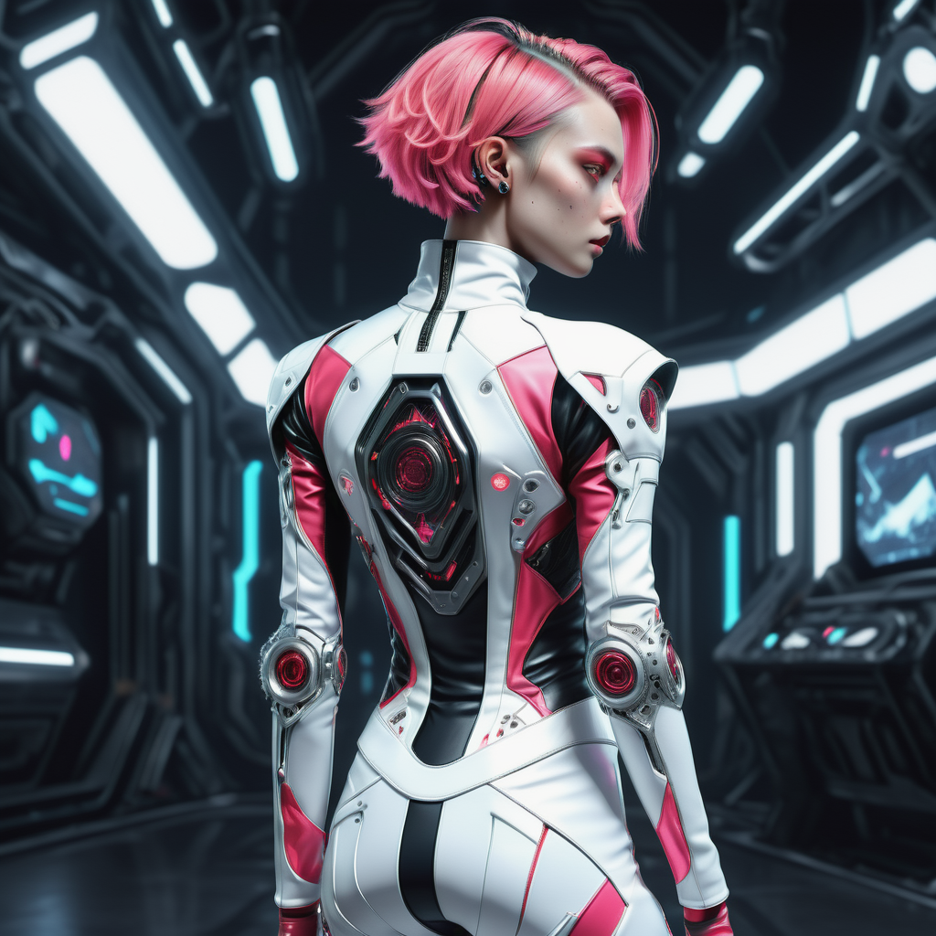 ((best quality)), ((masterpiece)), ((realistic,digital art)), (hyper detailed),DonMR0s30rd3rXL upper body clothing, Mock Neck, Synth-leather, Virtual Reality Interface Texture,,  Raglan Sleeves, Asymmetrical Hemline, Empire Waist,  Illusion Back,  , lower body clothing, Lycra, ,  Cropped Length, High Waist,  Allover Print,Open Back,,D-Rings,,Appliqué Work,,Asymmetric Hem,  , octane rendering, raytracing, volumetric lighting, Backlit,Rim Lighting, 8K, HDR, <lora:DonMR0s30rd3rXL-000012:0.8>