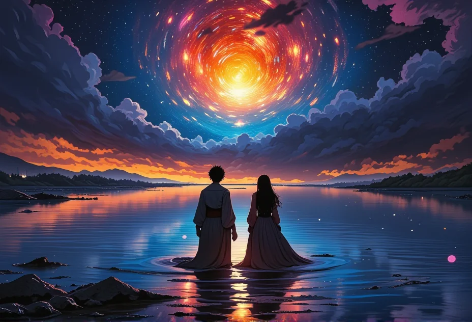 An awe-inspiring two friends sharing a quiet moment. The scene showcases dramatic clouds painted in vibrant hues, with a winding river in the background. The lighting casts cool, mysterious shadows, enhancing the surreal beauty of the landscape. The figure is dressed in bohemian attire, adding a sense of wonder. Small details, like waves gently lapping at the shore, bring an extra layer of magic and realism to the scene.}bv-stuanilan<lora:bv-stunning-anime-landscape-v1.safetensors:1.0:1.0>