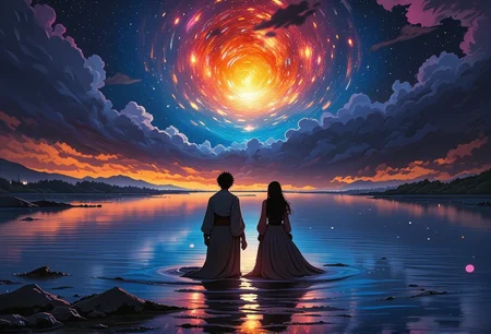 An awe-inspiring two friends sharing a quiet moment. The scene showcases dramatic clouds painted in vibrant hues, with a winding river in the background. The lighting casts cool, mysterious shadows, enhancing the surreal beauty of the landscape. The figure is dressed in bohemian attire, adding a sense of wonder. Small details, like waves gently lapping at the shore, bring an extra layer of magic and realism to the scene.}bv-stuanilan<lora:bv-stunning-anime-landscape-v1.safetensors:1.0:1.0>