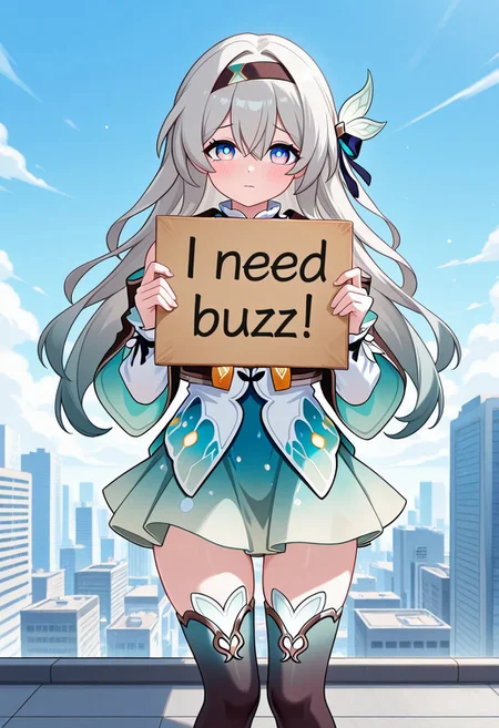 masterpiece,best quality,amazing quality, need_buzz, holding sign, 1girl, firefly_\(honkai:_star_rail\), White city, on roof, blue sky