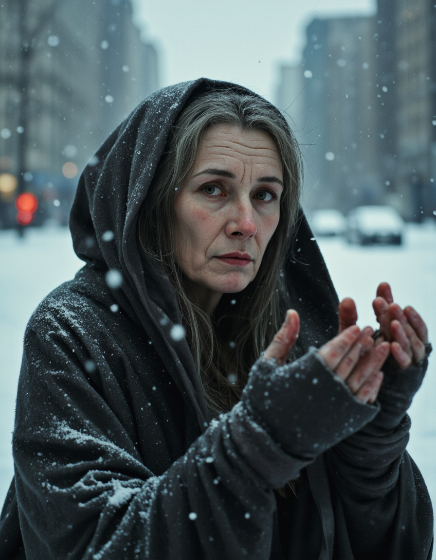 <lora:{people, }People:0.85> people, A hauntingly realistic image of a homeless woman standing alone in the midst of heavy snowfall, her frail figure swaying slightly in the cold wind. She has pale skin with visible wrinkles and age spots, and her long, greying hair is disheveled and partially covered by a tattered hood. Her eyes, a deep shade of brown, seem sunken and weary, filled with a mix of desperation and resignation. She wears a pair of fingerless gloves, exposing her raw, red fingers to the biting cold, and her dirty, layered clothing appears to offer little protection against the elements. The snow falls heavily around her, casting a serene silence over the scene, with each flake sharply defined against the dull, grey background. The lighting is muted, with the soft, diffused glow of the snow-covered surroundings casting an ethereal light on the woman's face, accentuating the deep lines and creases that map her struggles. The scene is set against a blurred, urban backdrop, with faint outlines of buildings and cars visible through the veil of snow, emphasizing the woman's isolation and vulnerability. The shot is a close-up, shot from a slightly low angle, drawing attention to the woman's rugged, weathered face and her desperate gaze. The image is rendered in photorealistic detail, with a focus on capturing the harsh realities of homelessness, and the snowflakes are meticulously defined, giving the scene a hyper-detailed, 4k quality, with a shallow depth of field that blurs the background, immersing the viewer in the woman's cold, harsh world. The overall mood is one of poignant sadness and social commentary, inviting the viewer to reflect on the plight of those struggling to survive on the streets. The image features a subtle film grain, adding to the sense of realism and grittiness, and the color palette is muted, with shades of grey, blue, and brown dominating the scene, underscoring the woman's bleak circumstances. The falling snow creates a sense of movement and dynamism, while the woman's stillness serves as a poignant reminder of her struggles, and the image ends with a sense of haunting beauty and tragic reality. 8k highest resolution with sharp intricate details. Hyperrealistic, detailed, and vivid. . 35mm photograph, film, bokeh, professional, 4k, highly detailed