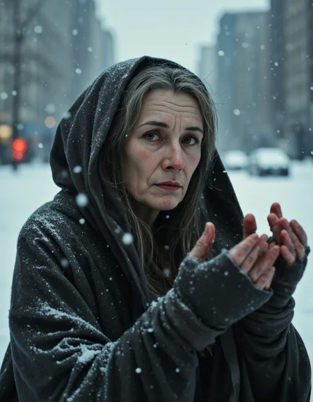 <lora:{people, }People:0.85> people, A hauntingly realistic image of a homeless woman standing alone in the midst of heavy snowfall, her frail figure swaying slightly in the cold wind. She has pale skin with visible wrinkles and age spots, and her long, greying hair is disheveled and partially covered by a tattered hood. Her eyes, a deep shade of brown, seem sunken and weary, filled with a mix of desperation and resignation. She wears a pair of fingerless gloves, exposing her raw, red fingers to the biting cold, and her dirty, layered clothing appears to offer little protection against the elements. The snow falls heavily around her, casting a serene silence over the scene, with each flake sharply defined against the dull, grey background. The lighting is muted, with the soft, diffused glow of the snow-covered surroundings casting an ethereal light on the woman's face, accentuating the deep lines and creases that map her struggles. The scene is set against a blurred, urban backdrop, with faint outlines of buildings and cars visible through the veil of snow, emphasizing the woman's isolation and vulnerability. The shot is a close-up, shot from a slightly low angle, drawing attention to the woman's rugged, weathered face and her desperate gaze. The image is rendered in photorealistic detail, with a focus on capturing the harsh realities of homelessness, and the snowflakes are meticulously defined, giving the scene a hyper-detailed, 4k quality, with a shallow depth of field that blurs the background, immersing the viewer in the woman's cold, harsh world. The overall mood is one of poignant sadness and social commentary, inviting the viewer to reflect on the plight of those struggling to survive on the streets. The image features a subtle film grain, adding to the sense of realism and grittiness, and the color palette is muted, with shades of grey, blue, and brown dominating the scene, underscoring the woman's bleak circumstances. The falling snow creates a sense of movement and dynamism, while the woman's stillness serves as a poignant reminder of her struggles, and the image ends with a sense of haunting beauty and tragic reality. 8k highest resolution with sharp intricate details. Hyperrealistic, detailed, and vivid. . 35mm photograph, film, bokeh, professional, 4k, highly detailed