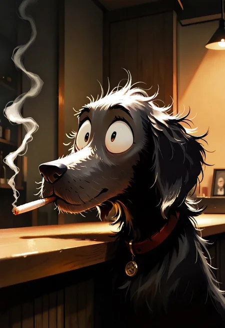 a whimsical dog smoking a cigarette, counter, bar, indoors, dim light, smokey atmosphere, portrait, photo \(medium\), scenery, volumetric lighting, masterpiece, best quality, good quality, very awa, very aesthetic, absurdres, newest, opill