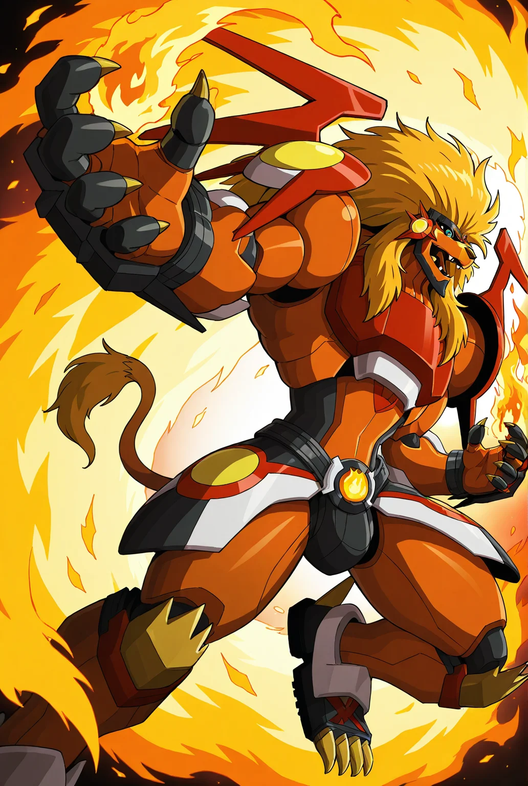 very awe,aesthetically pleasing,masterpiece,best quality,amazing quality,very aesthetic,ultra-detailed,high resolution,8k,1boy,solo,male focus,detailed face,digimon,blonde hair,long hair,no humans,armor,claws,lion,mecha,armor,tail,dynamic pose,open mouth,fire,flame background,<lora:add-detail-xl:1>,<lora:Apollomon:0.7>,ap0ll0m0n,<lora:Flufflecraft_ArtStyle:0.4>,