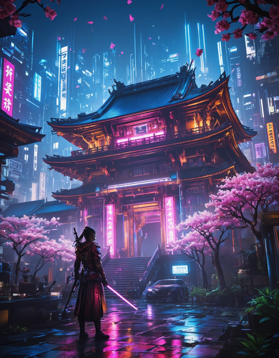 <lora:Cyberpunk_Temples_flux:0.8>  realistic photo, cyberpunk asian temple, neons, cherry blossom, glowing kanji, blue sky, sunny day, glowing flowers, vegetation, on a mountain, stairs, tree, sea, Surrounded by towering skyscrapers and bright vertical LED panels, its silhouette dramatically highlighted against a backdrop of towering futuristic skyscrapers bathed in neon blue and magenta light. The rainy street below is slick and reflective, reflecting the glowing lights above like a liquid mirror. Towering futuristic skyscrapers in the background, and vibrant cherry blossom trees in full bloom, enhancing the dense, its ornate structure glowing with amber and magenta neon lighting that highlights its intricate eaves and wooden detailing. Surrounding it are futuristic skyscrapers rising into the misty sky, adding layers of cultural fusion and futuristic flair. The streets below glisten with reflections from the colorful lights, ct_flux. A mesmerizing blend of ancient and futuristic design in a neon-drenched cyberpunk cityscape. At the center, and green. Lush cherry blossom trees in full bloom frame the scene, layered aesthetic of the setting. The wet pavement reflects the electric lights. A beautiful ninja warrior girl dressed in red armor stands holding a light saber with her hair in the wind whith cherry blossom petals. Cyberpunk cars