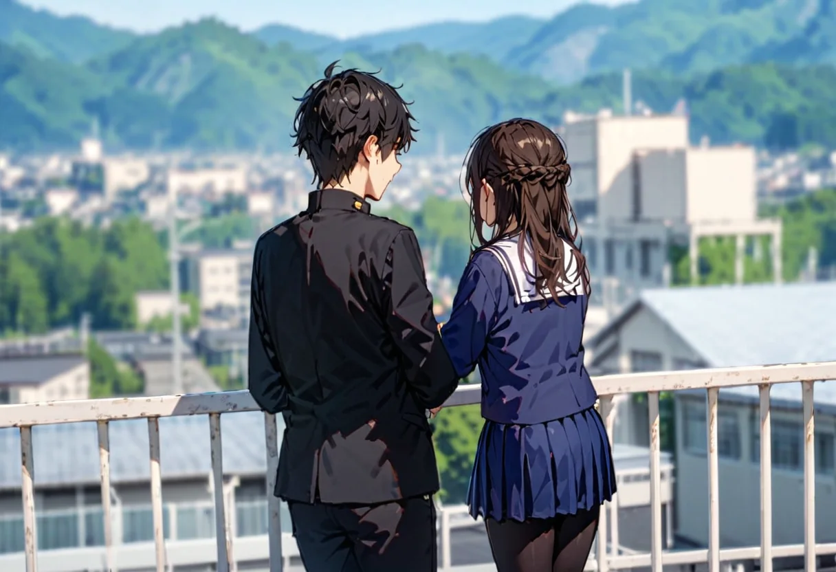 masterpiece, best quality, very aesthetic, absurdres,
okujyou, 1girl, 1boy, outdoors, school uniform, long hair, blurry, black hair, skirt, mountain, serafuku, blurry background, day, railing, gakuran, blue skirt, depth of field, long sleeves, from behind, brown hair, black pants, sky, building, sailor collar, pants, blue shirt, shirt
<lora:gakkou_okujyou_SDXL_V1:1>